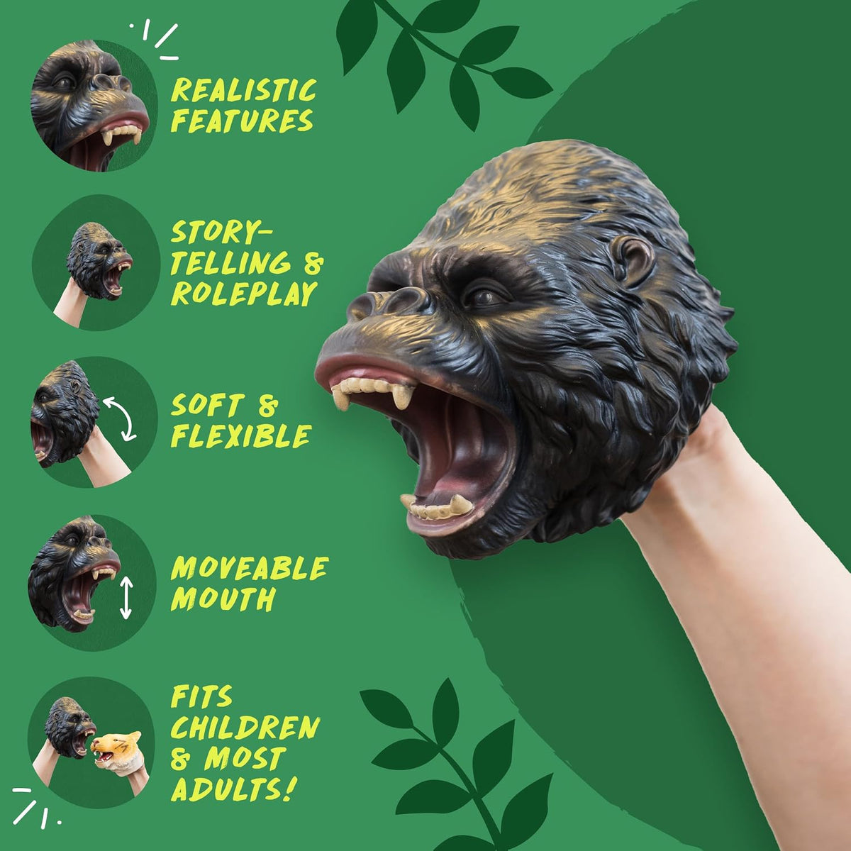 A realistic gorilla hand puppet being worn on a person's hand, shown against a green background with feature callouts and text including 'Realistic Features,' 'Story-telling & Roleplay,' 'Soft & Flexible,' 'Moveable Mouth,' and 'Fits Children & Most Adults!'.