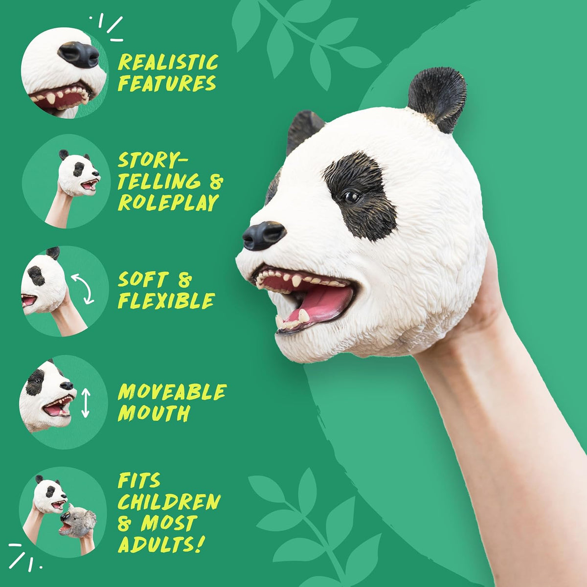 A panda head hand puppet being held by a person's hand against a green background with feature callouts and text including 'Realistic Features,' 'Story-telling & Roleplay,' 'Soft & Flexible,' 'Moveable Mouth,' and 'Fits Children & Most Adults!'.