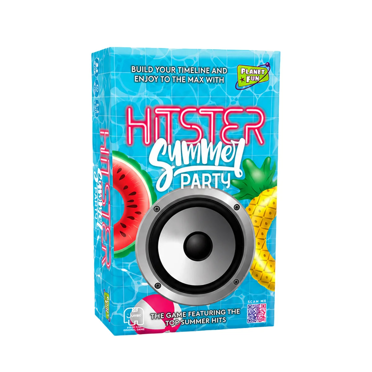Hitster Summer Party board game box featuring a bright blue water-textured background, a large speaker graphic, watermelon and pineapple illustrations, and the game title in bold pink and white lettering.