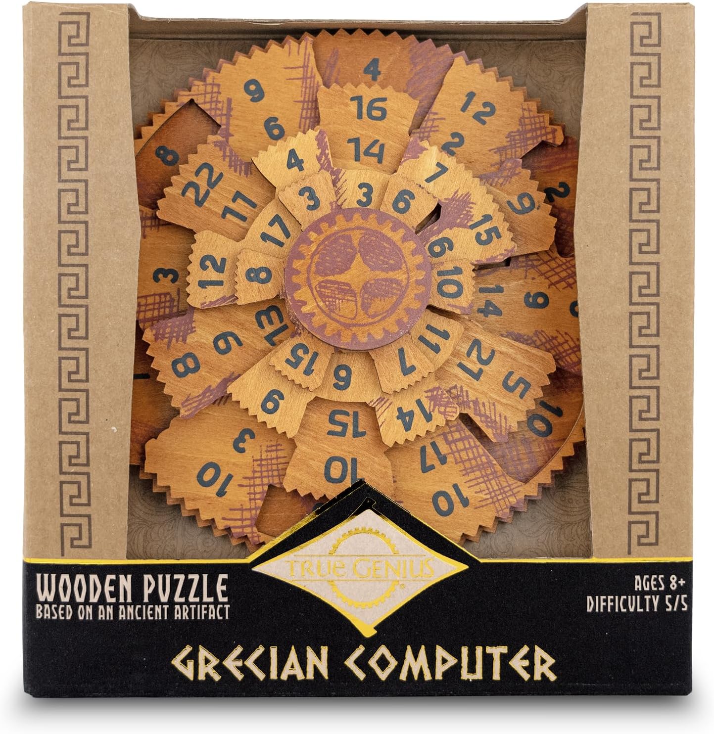 Wooden puzzle in packaging labeled 'Grecian Computer' with decorative elements.