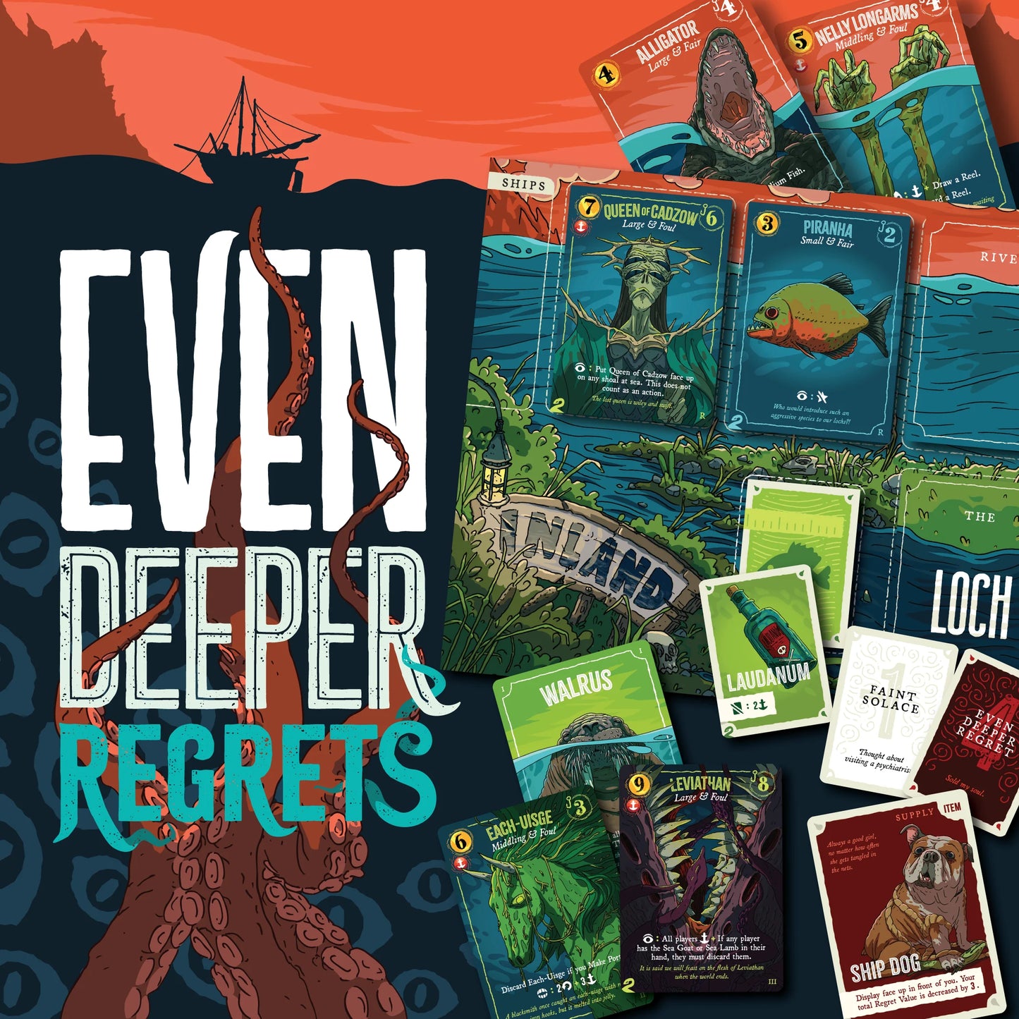 Board game packaging for 'Even Deeper Regrets' with cards and an octopus illustration.