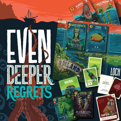Board game packaging for 'Even Deeper Regrets' with cards and an octopus illustration.