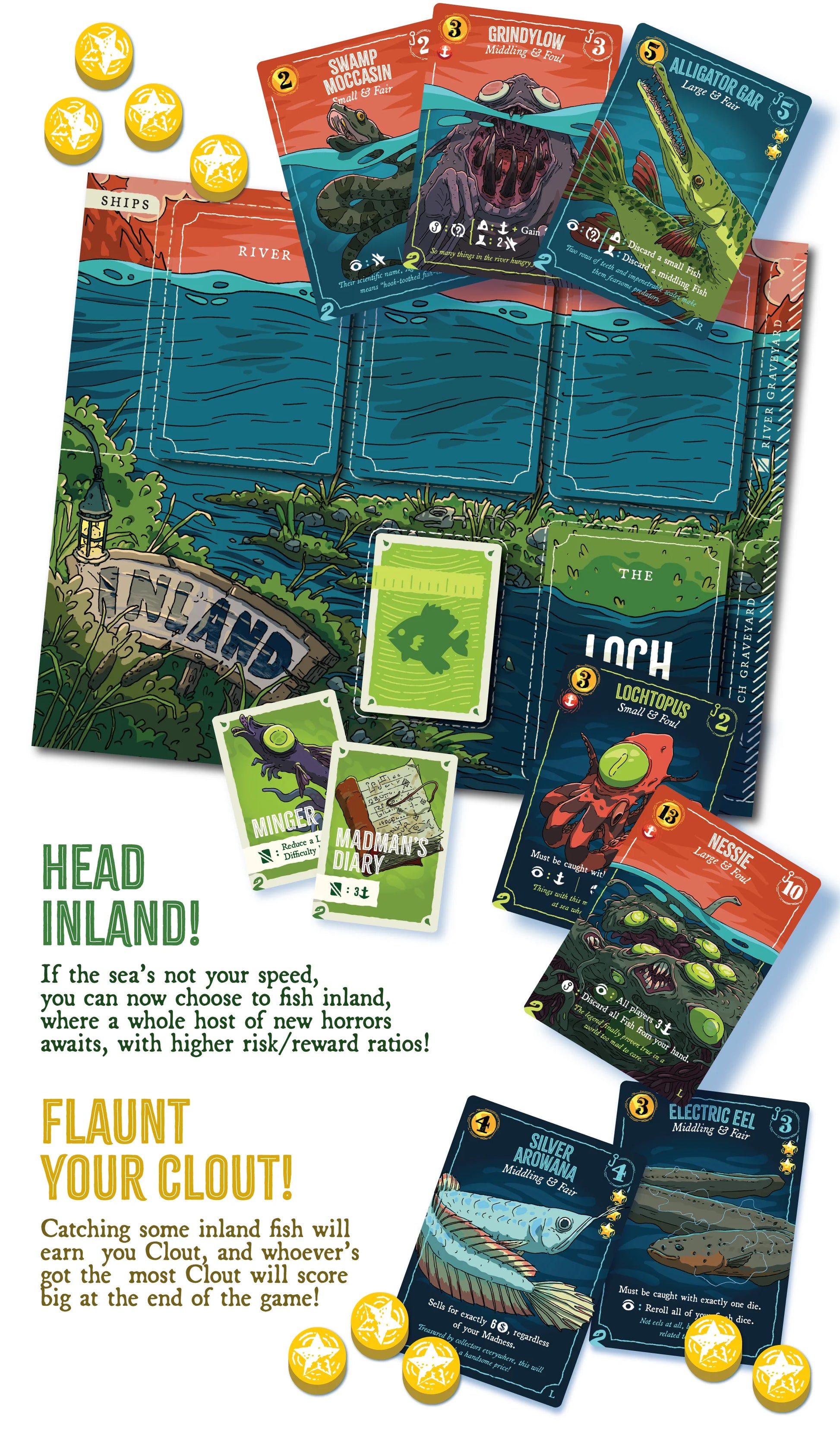 Card game components including cards and a board with text and graphics on a white background.