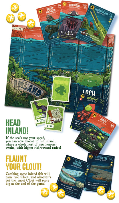 Card game components including cards and a board with text and graphics on a white background.