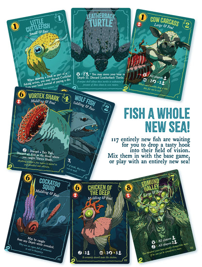 A set of fantasy fishing cards arranged on a white background with promotional text reading 'FISH A WHOLE NEW SEA!' and '117 entirely new fish are waiting for you to drop a tasty hook into their field of vision.' The cards show illustrated sea creatures and fish in teal, green, red, yellow, blue, and orange tones.