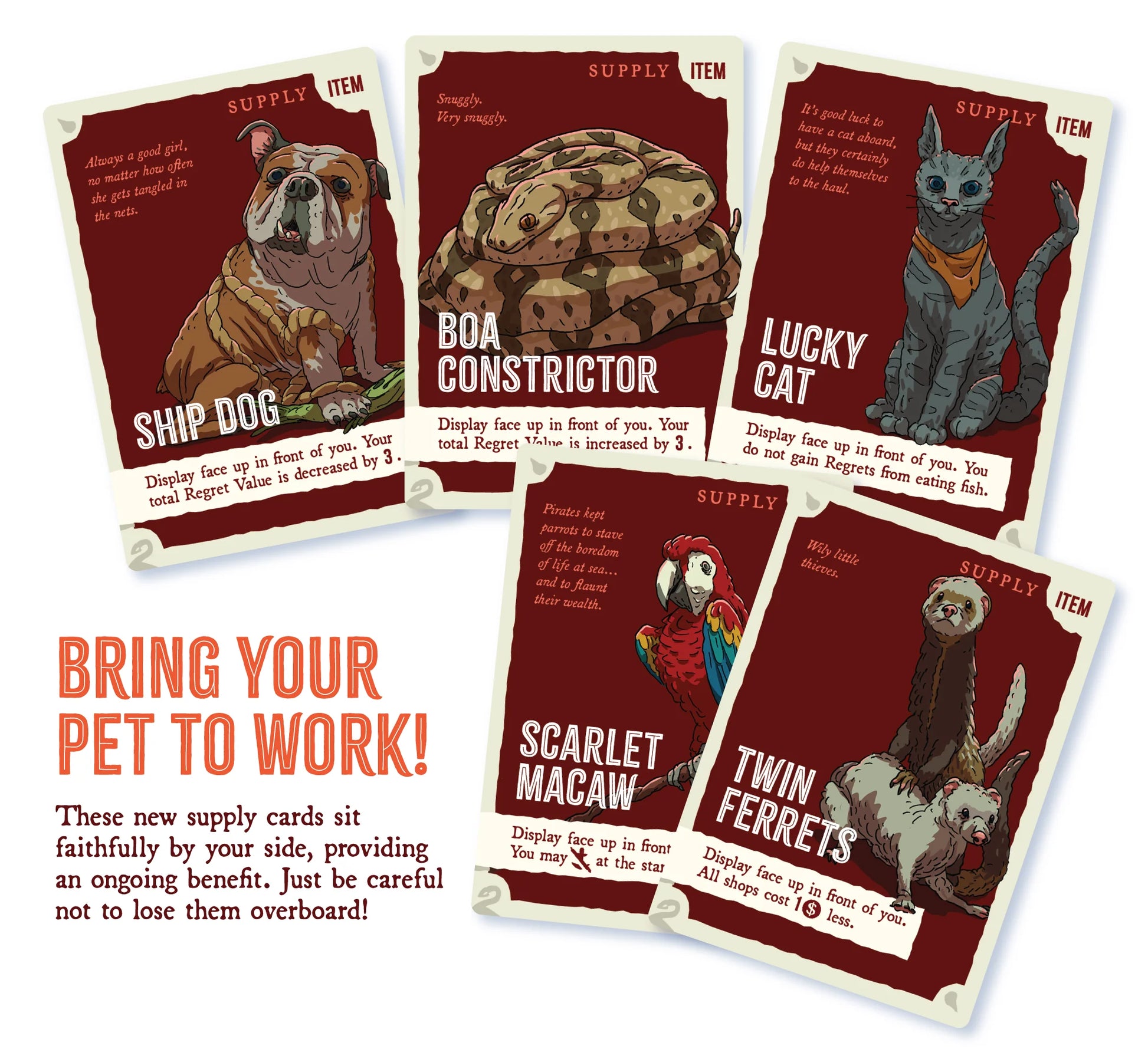 Set of game supply cards featuring animals with text on a white background