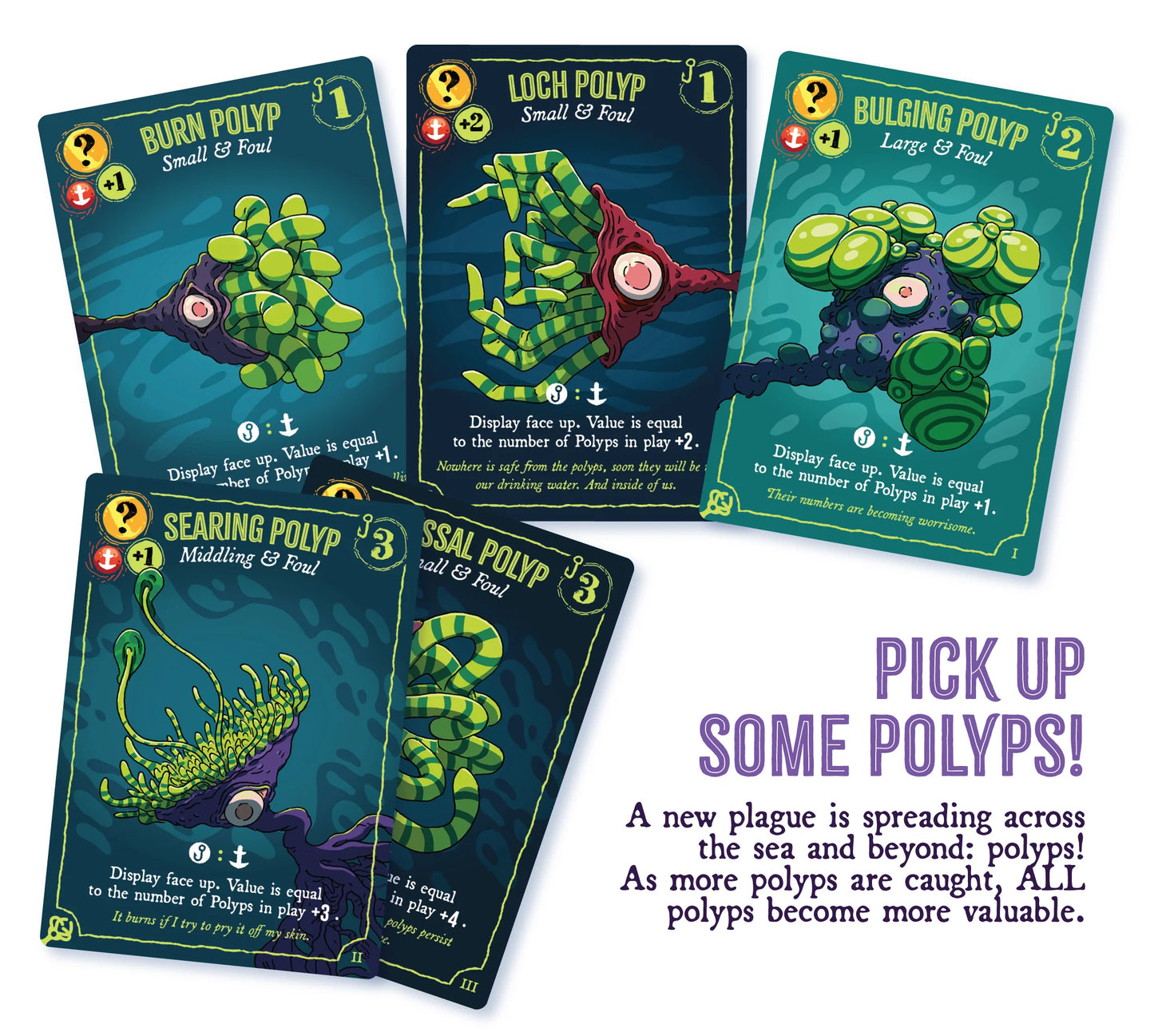 Set of card game cards featuring polyps with game text and graphics.
