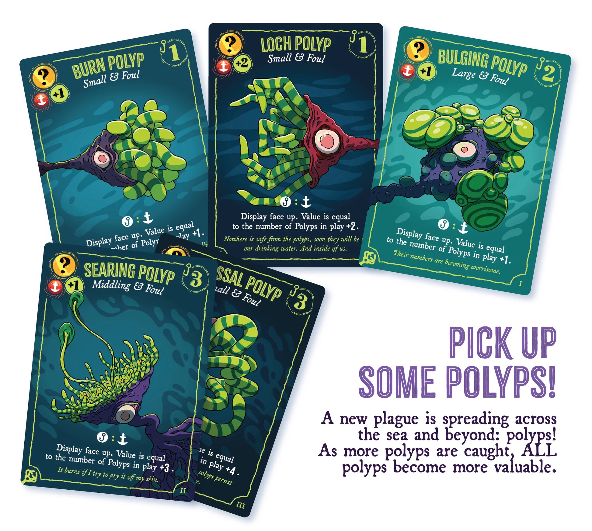 Set of card game cards featuring polyps with game text and graphics.