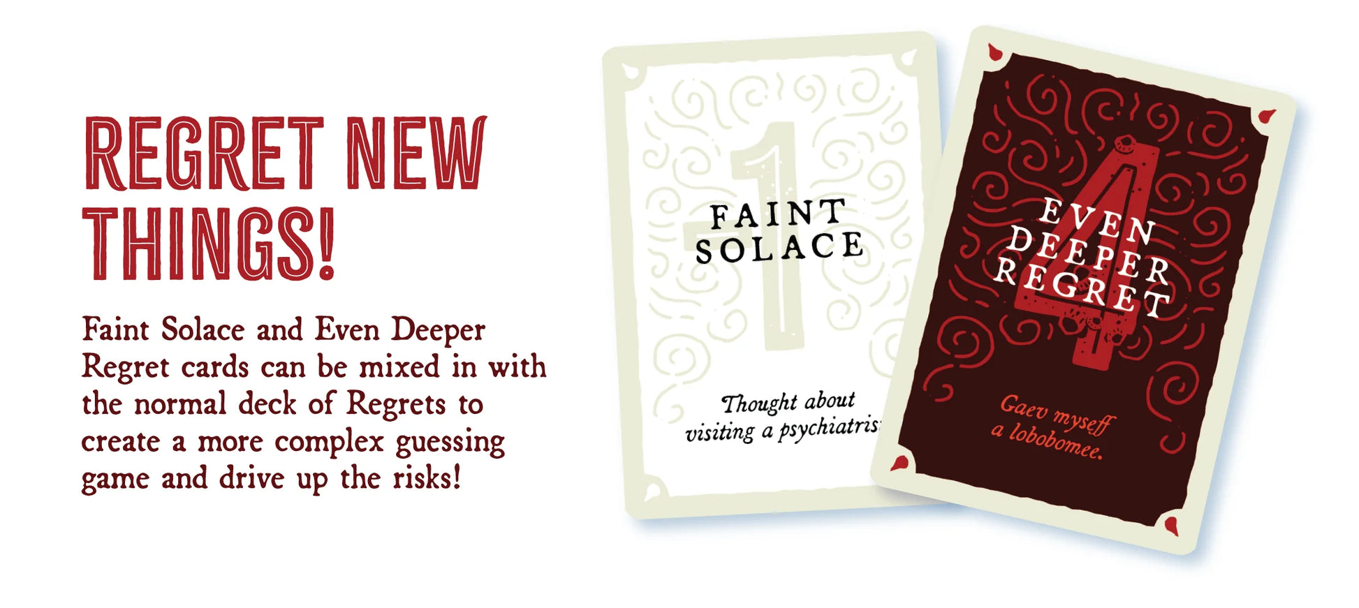 Two regret cards with text and design, one labeled 'Faint Solace' and the other 'Even Deeper Regret'.