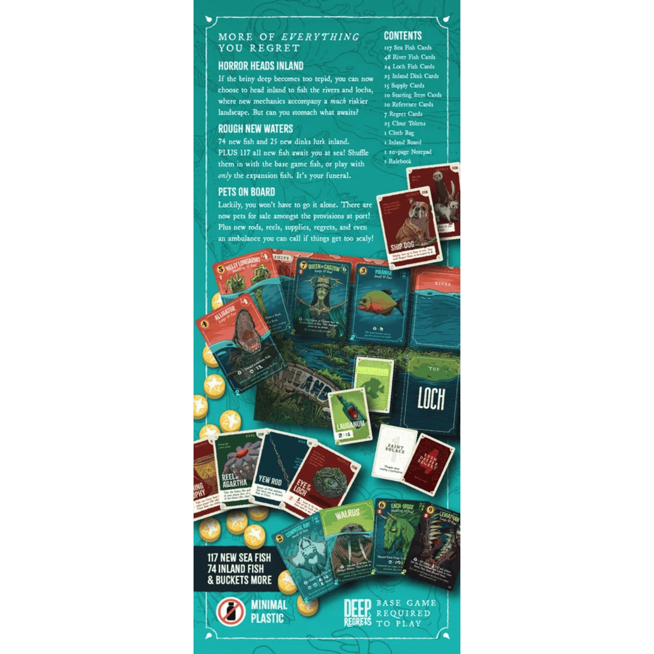 Back cover of the Deep Blue Deck Building Game card game box, featuring a teal background with product overview text, contents lists, and a collage of illustrated game cards.