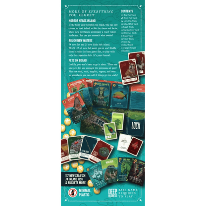 Back cover of the Deep Blue Deck Building Game card game box, featuring a teal background with product overview text, contents lists, and a collage of illustrated game cards.