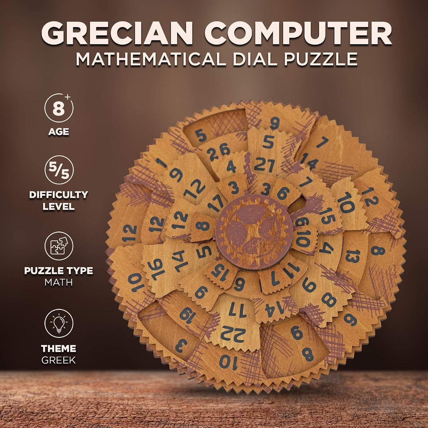 Grecian Computer mathematical dial puzzle with age, difficulty level, and theme information on a brown background.
