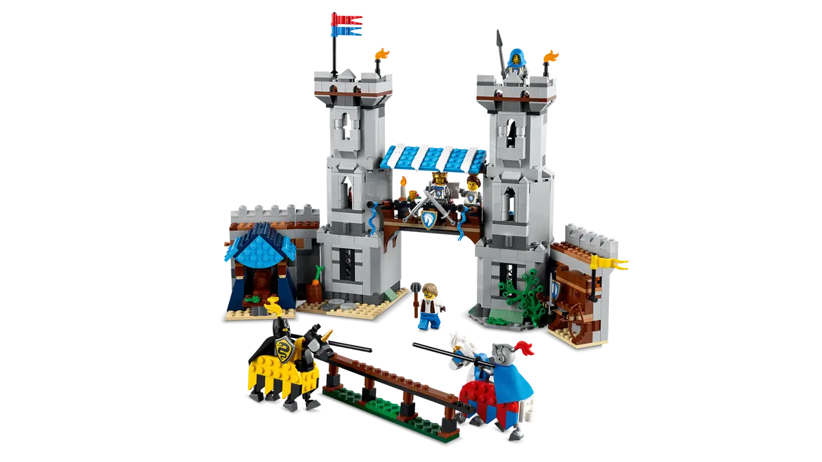 LEGO castle set with knights and towers on a white background (8432448962759)