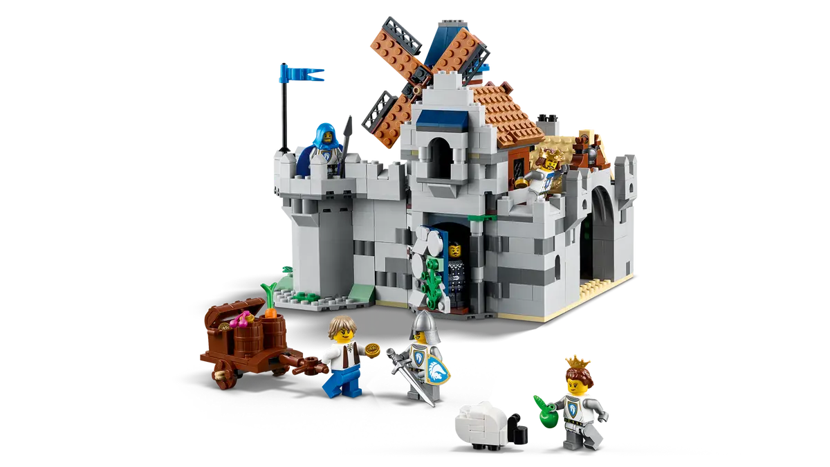 LEGO castle set with various figures and a windmill on a white background (8432448962759)