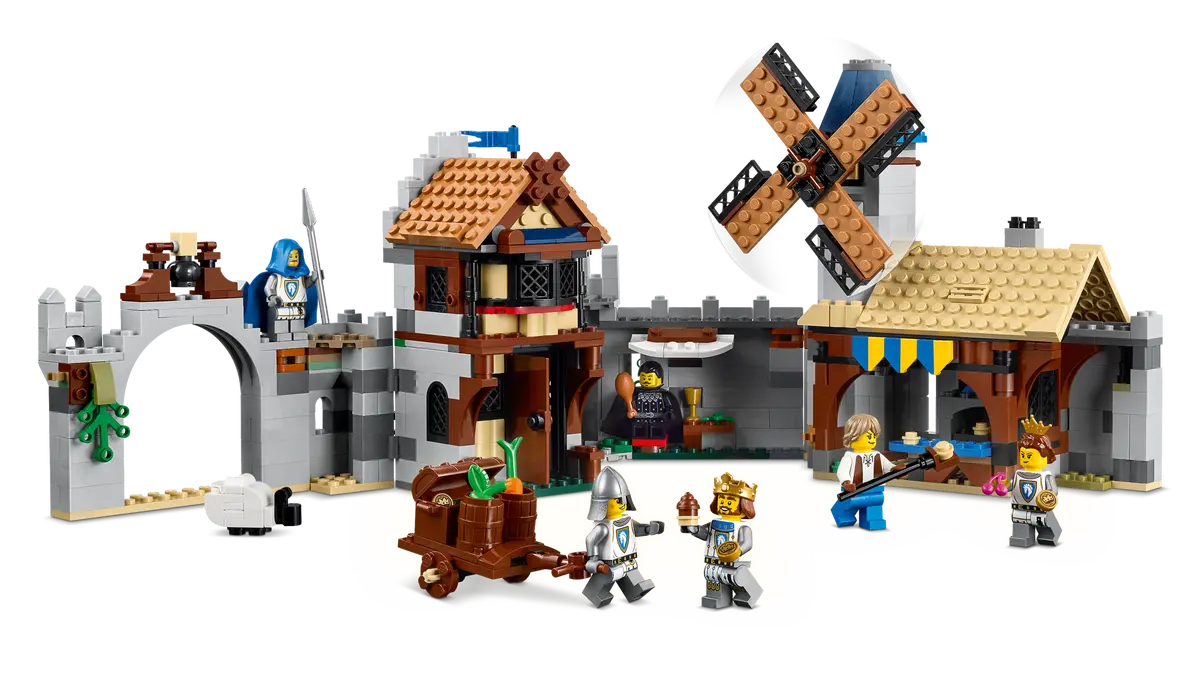 LEGO set with medieval village scene including buildings and figures on a white background (8432448962759)