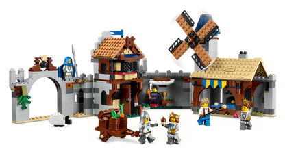 LEGO set with medieval village scene including buildings and figures on a white background (8432448962759)