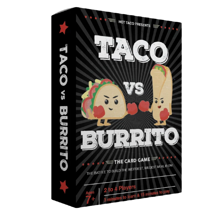 Card game box titled 'Taco vs Burrito' with cartoon taco and burrito characters on a black background.