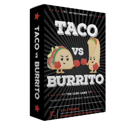 Card game box titled 'Taco vs Burrito' with cartoon taco and burrito characters on a black background.