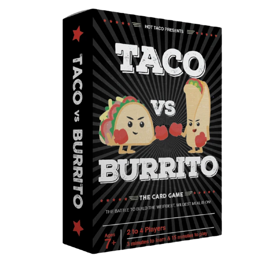 Card game box titled 'Taco vs Burrito' with cartoon taco and burrito characters on a black background.