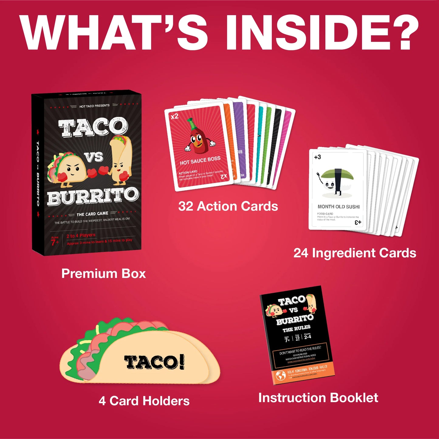 Card game packaging with Taco vs Burrito theme on a red background