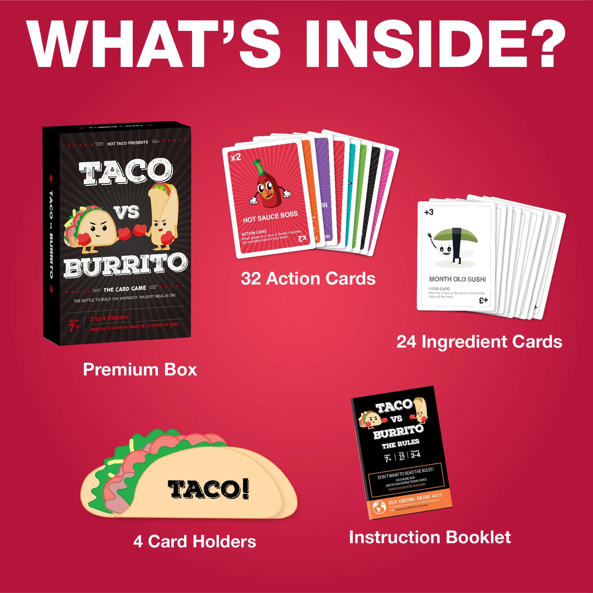 Card game packaging with Taco vs Burrito theme on a red background