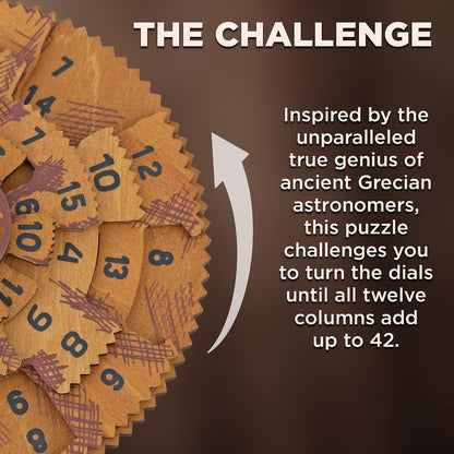 A wooden puzzle with interlocking numbered dials and scribbled markings, shown alongside promotional text on a dark brown background. The text reads: 'THE CHALLENGE' and describes turning the dials until all twelve columns add up to 42.