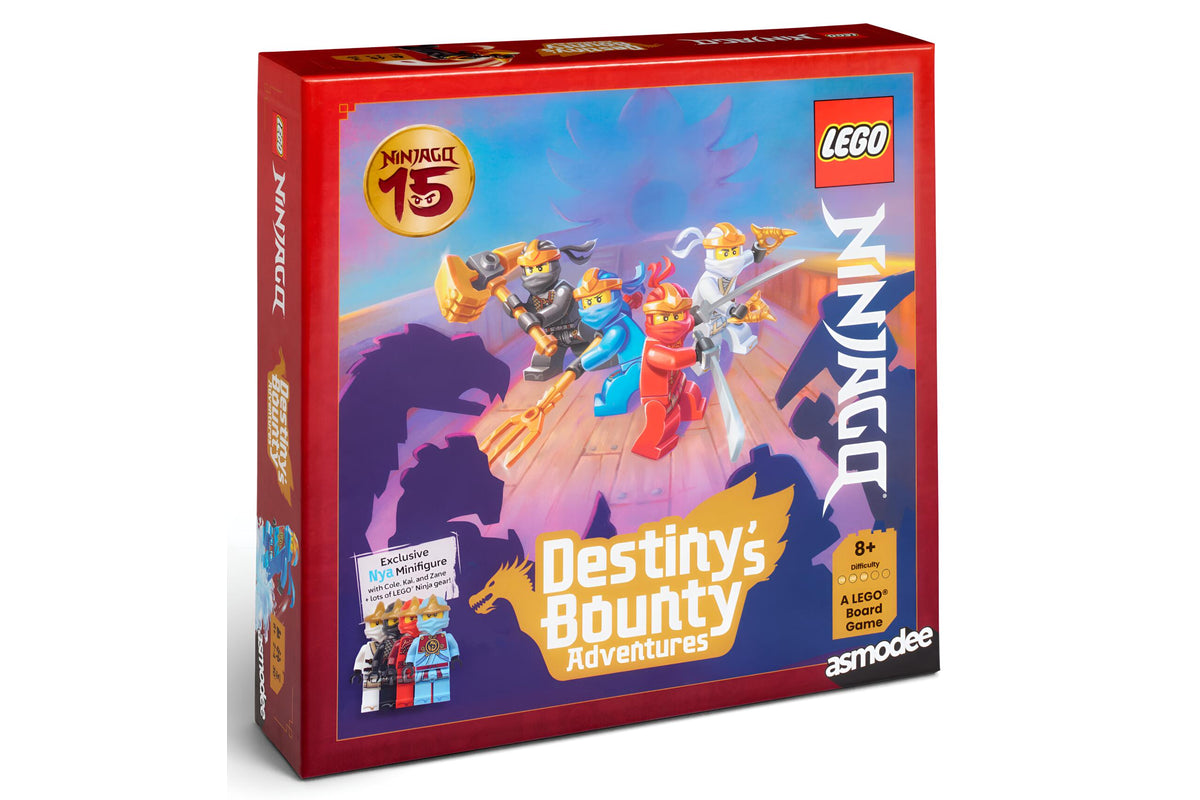 Destiny's Bounty  box by Asmodee, featuring colorful minifigures and a red packaging design on a white background.