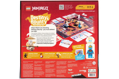 The back of the LEGO Ninjago 'Destiny's Bounty Adventures' box, showing the red packaging with various game components and instructions printed on it.