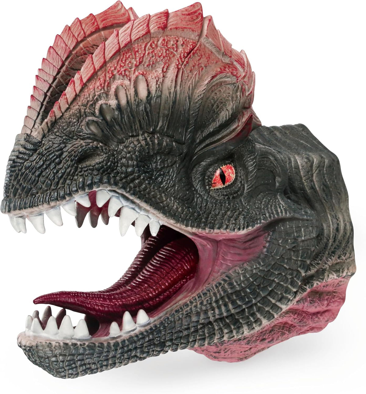 A highly detailed dinosaur puppet, featuring textured dark gray and black scales with vibrant red accents on the crest, eye, and interior of the mouth, set against a plain white background.