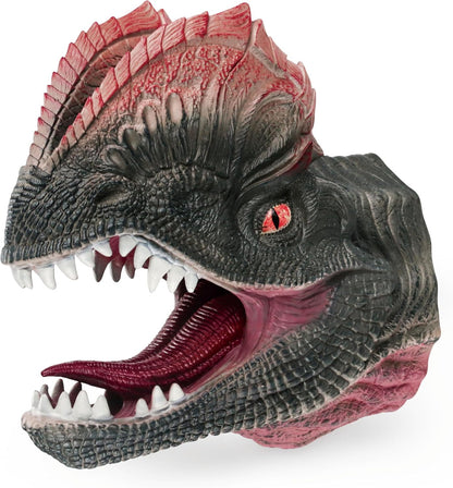 A highly detailed dinosaur puppet, featuring textured dark gray and black scales with vibrant red accents on the crest, eye, and interior of the mouth, set against a plain white background.