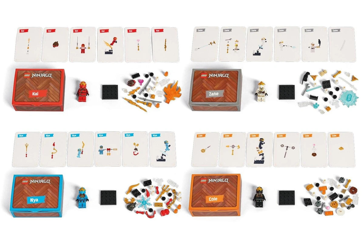 Four LEGO building sets arranged on a white background, each showing its box, minifigure, instruction cards, loose pieces, and small black square components.
