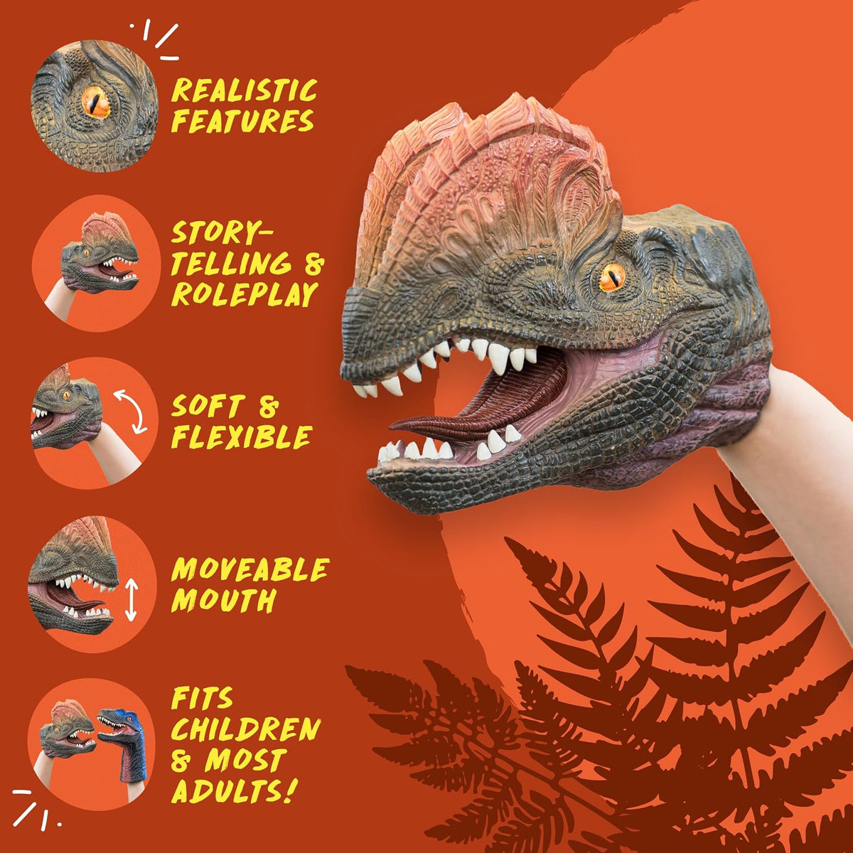 A dinosaur monster puppet head with an open mouth and sharp teeth, shown being worn on a person's hand against an orange background with feature callout circles and text.