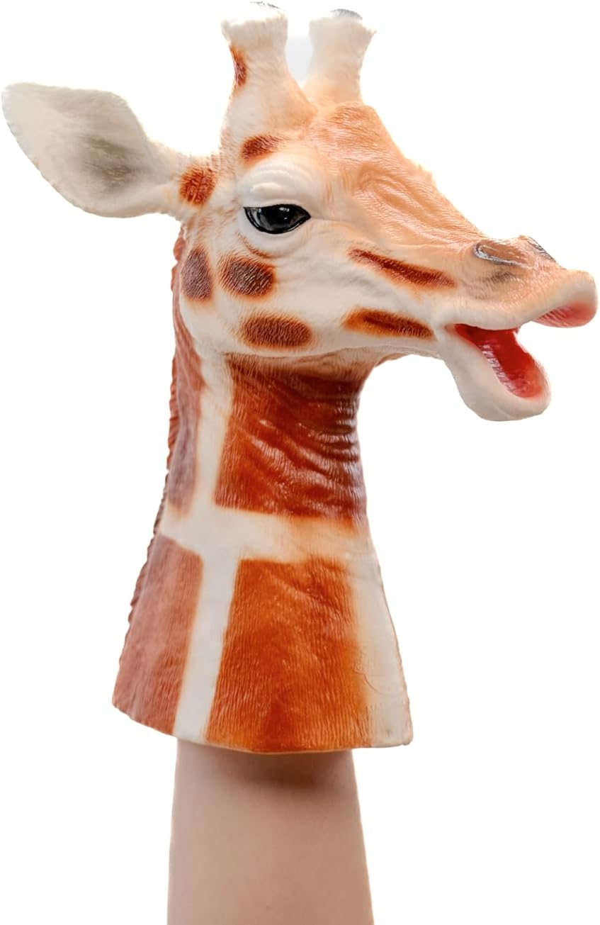 A realistic giraffe hand puppet with a textured fur-like surface, featuring an open mouth and a visible human arm underneath, isolated on a white background.