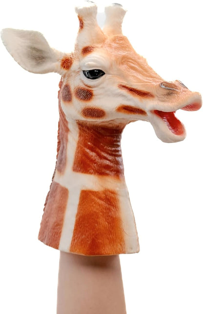 A realistic giraffe hand puppet with a textured fur-like surface, featuring an open mouth and a visible human arm underneath, isolated on a white background.