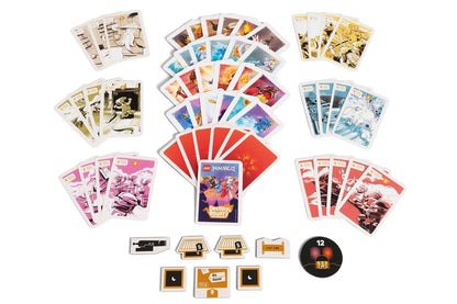 A LEGO minifigures building set displayed on a white background, featuring multiple fanned-out cards, a central card deck with LEGO minifigures, small building and character pieces, and a circular token.