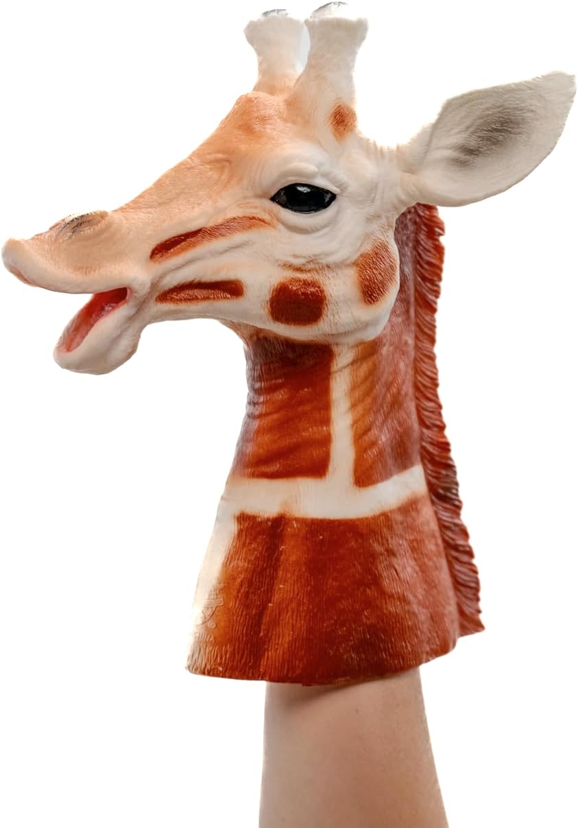 A giraffe head and neck hand puppet mask worn on a child's hand, shown against a plain white background.