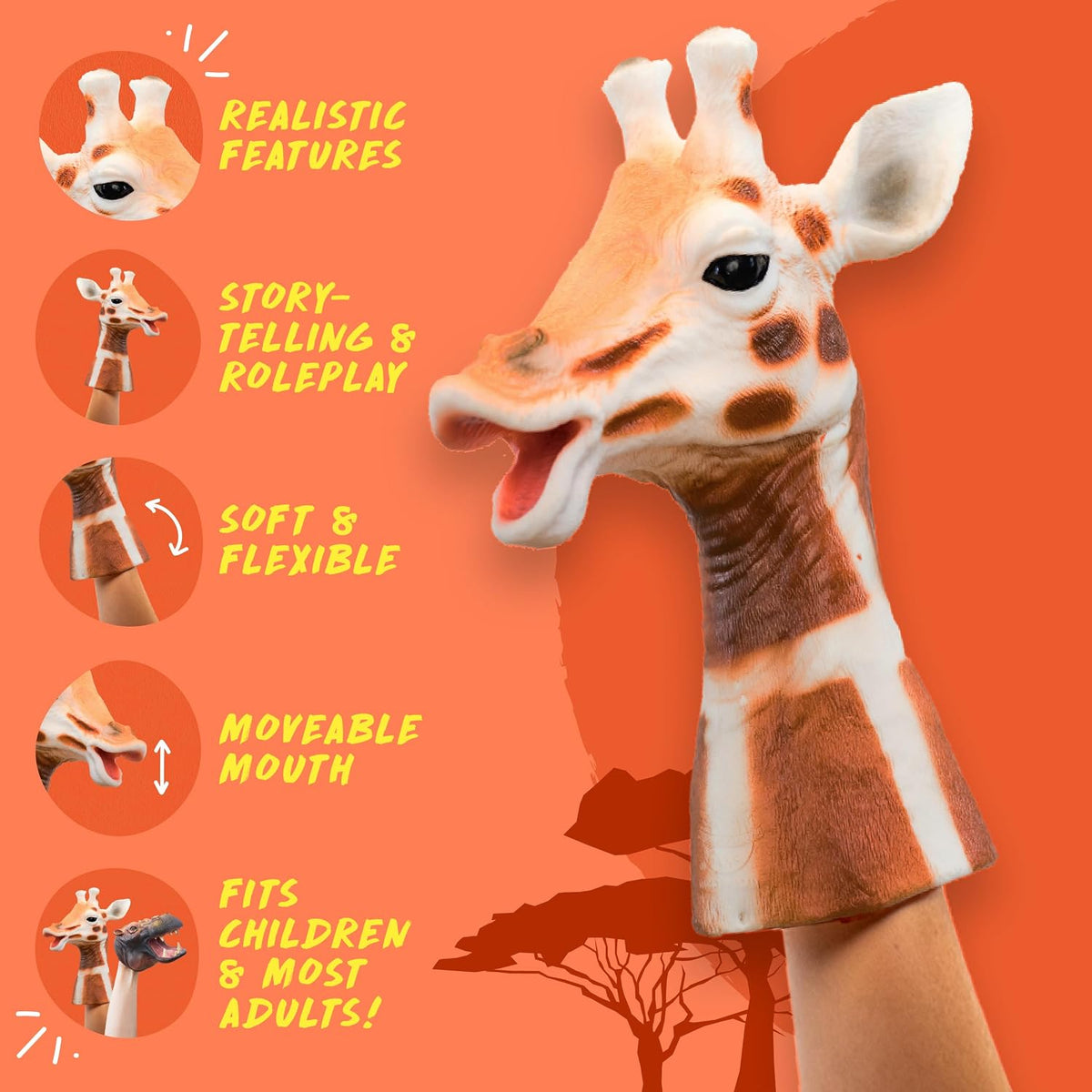 A giraffe-shaped finger puppet shown on a child's hand against a bright orange background with feature callouts and circular inset images.