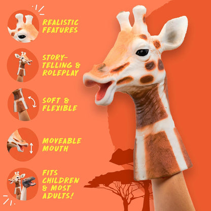 A giraffe-shaped finger puppet shown on a child's hand against a bright orange background with feature callouts and circular inset images.