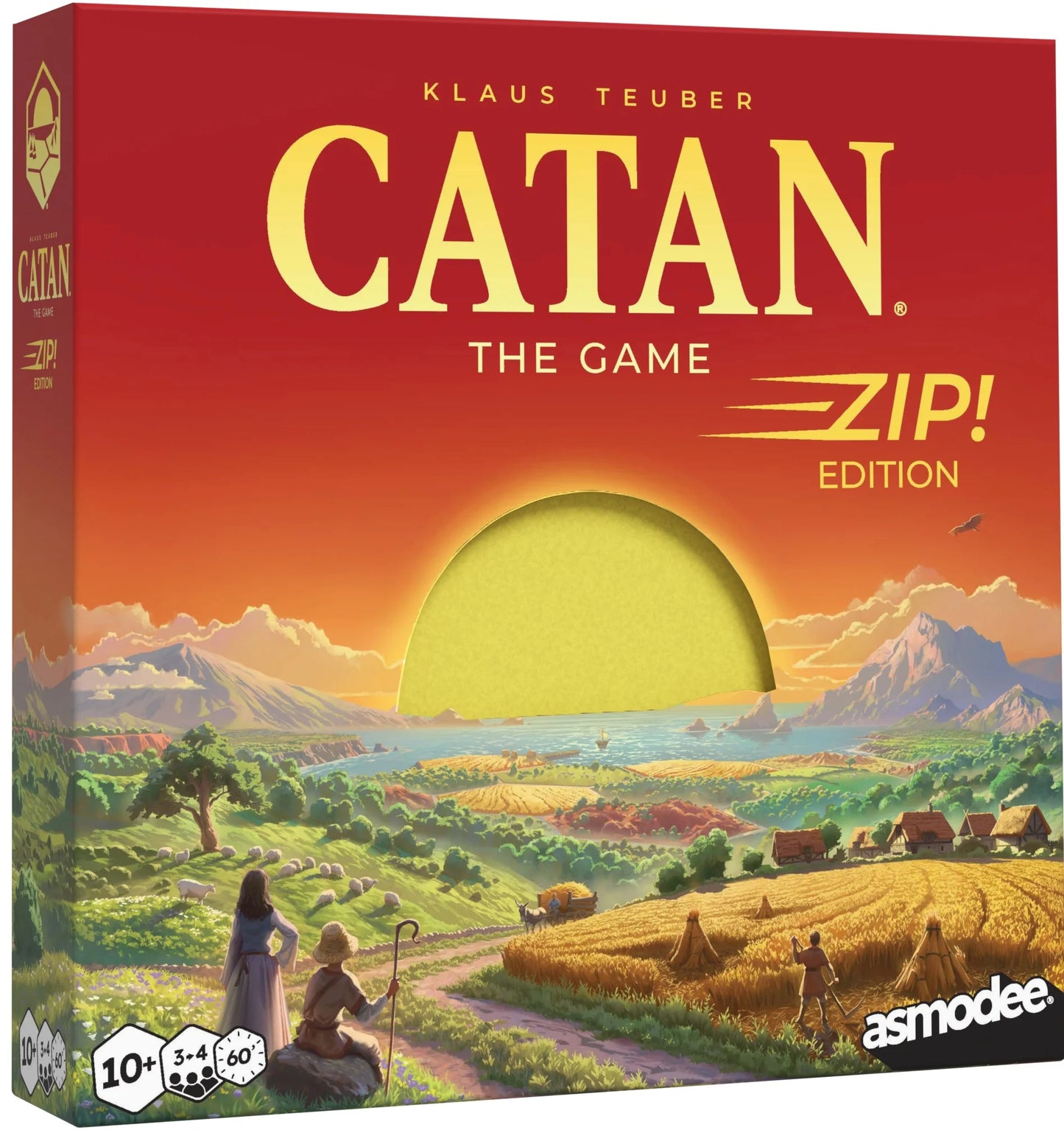 Board game box for 'Catan Zip! Edition' with a sunset over a landscape design.