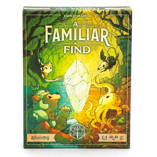Card game box titled 'A Familiar Find' with fantasy artwork on a white background