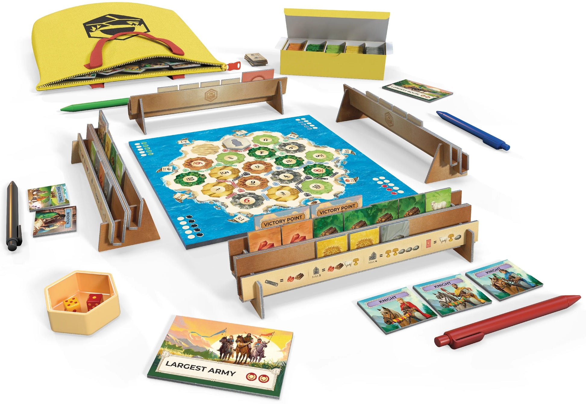 Catan Zip! with various components on a white background