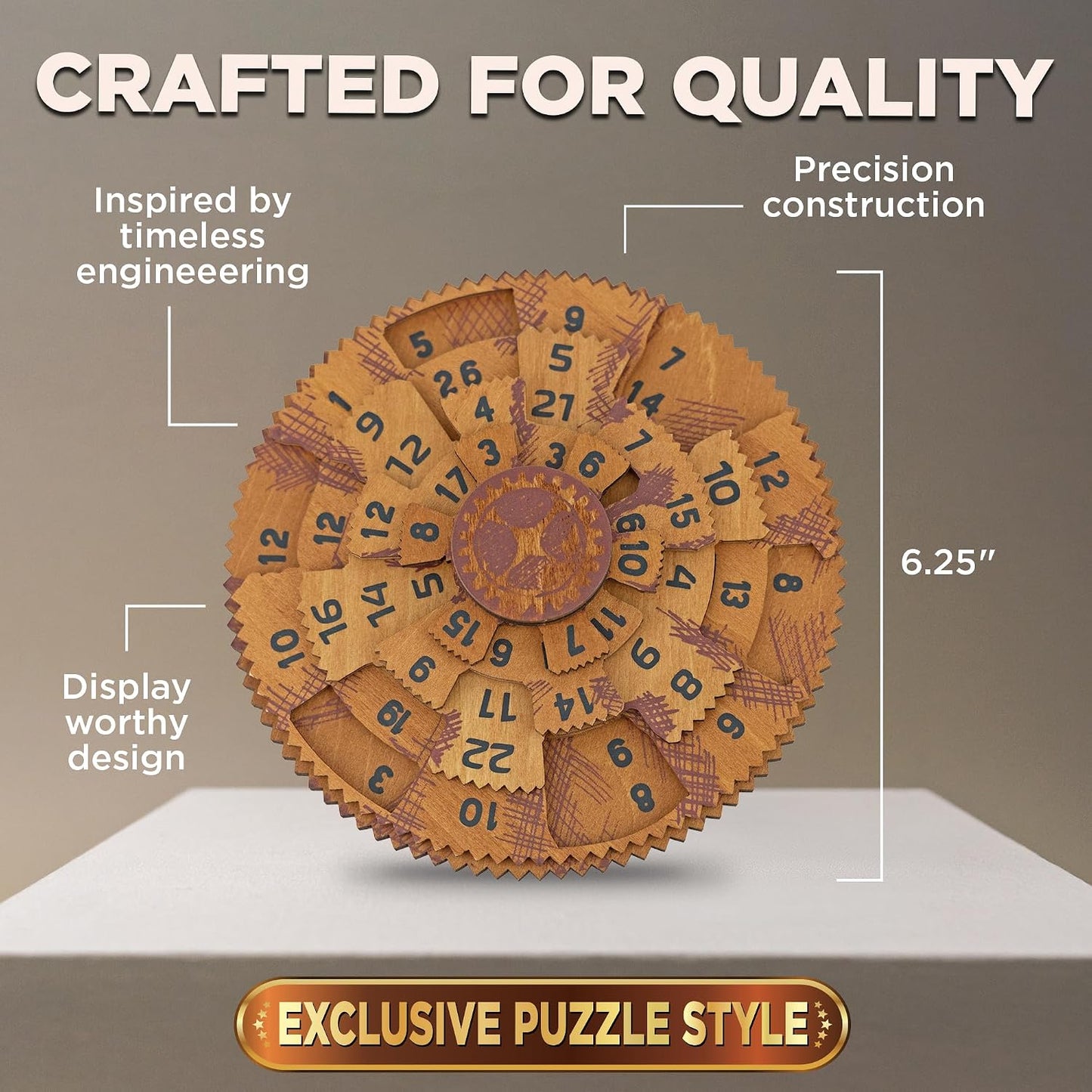 Wooden puzzle clock with text highlighting features on a gray background