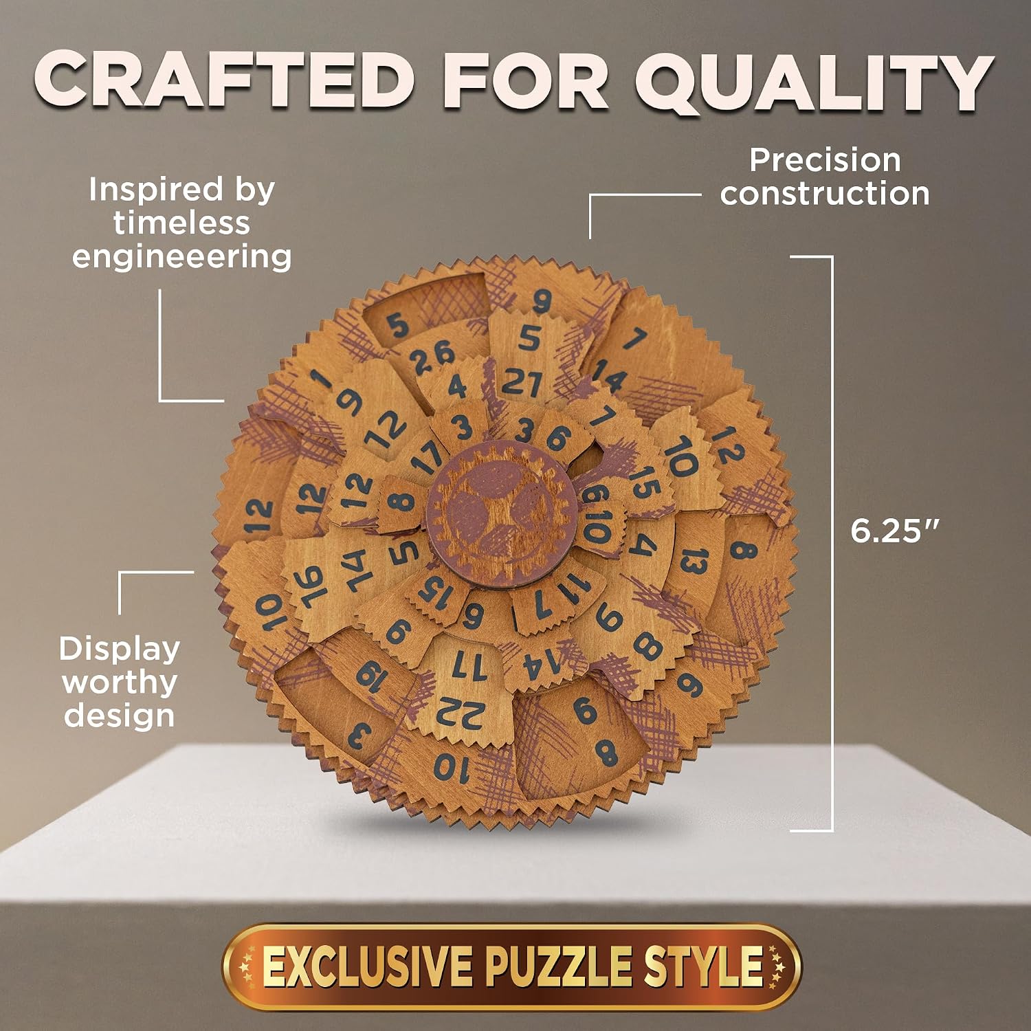 Wooden puzzle clock with text highlighting features on a gray background