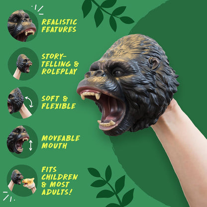 A realistic gorilla hand puppet being worn on a person's hand, shown against a green background with feature callouts and text including 'Realistic Features,' 'Story-telling & Roleplay,' 'Soft & Flexible,' 'Moveable Mouth,' and 'Fits Children & Most Adults!'.