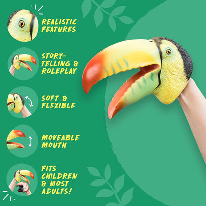 A toucan hand puppet being worn on a person's hand, shown against a green background with feature callouts and text including 'Realistic Features,' 'Story-telling & Roleplay,' 'Soft & Flexible,' 'Moveable Mouth,' and 'Fits Children & Most Adults!'.