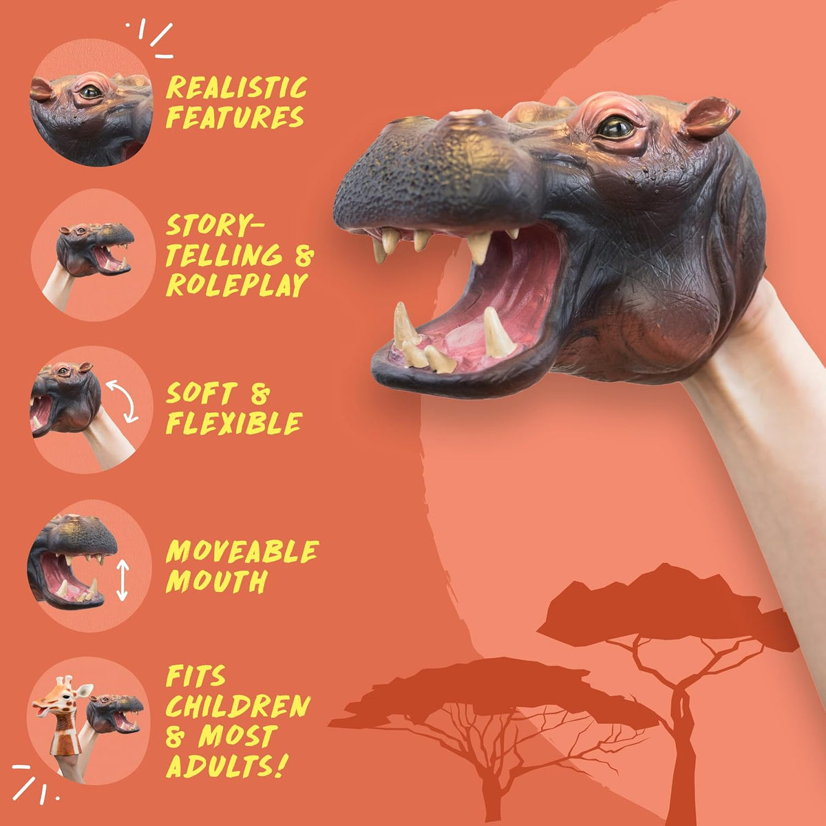 A realistic hippo toy head with an open mouth, shown being worn on a person's head against a coral background with feature callouts and silhouettes of trees.