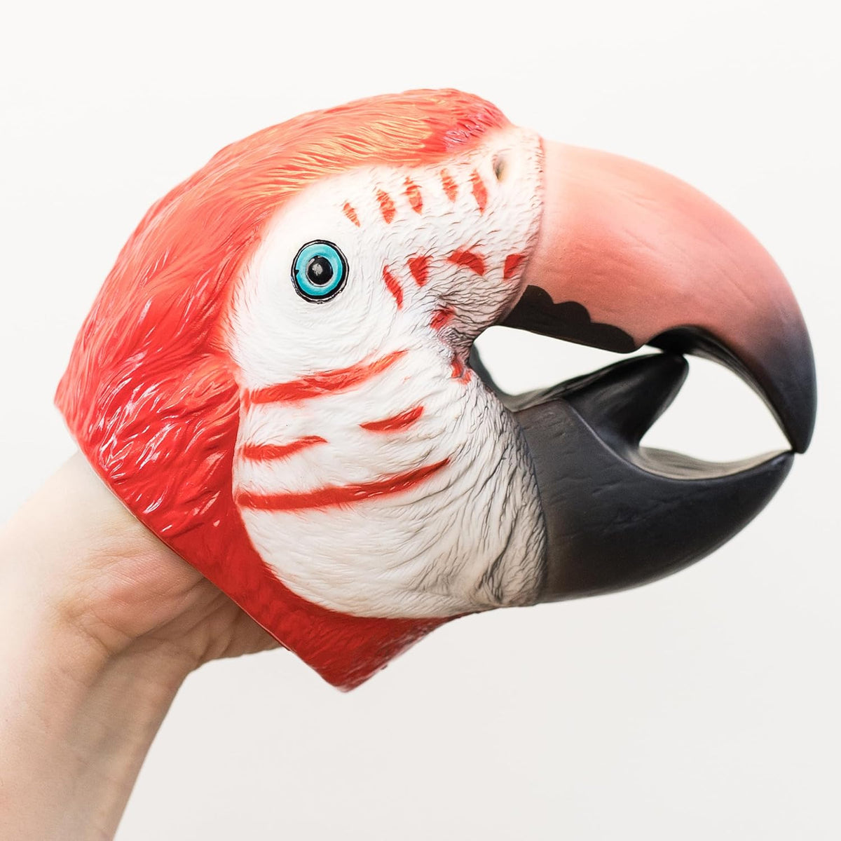 A hand wearing a realistic parrot puppet with bright red, white, and black coloring, featuring a detailed blue eye and a curved beak, set against a plain white background.