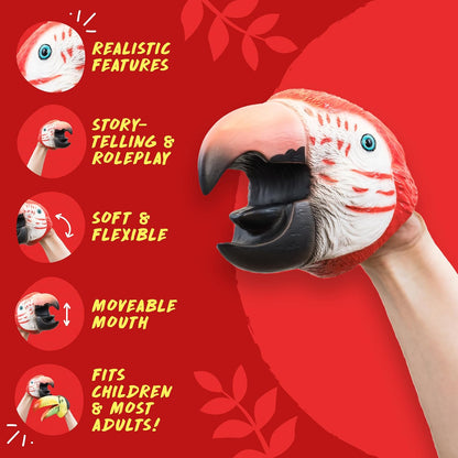 A red and white parrot head puppet shown being worn on a person's head, with five circular callout graphics and text highlighting features like realistic details, storytelling and roleplay, soft and flexible design, movable mouth, and suitability for children and adults. The background is solid red with leaf motifs.