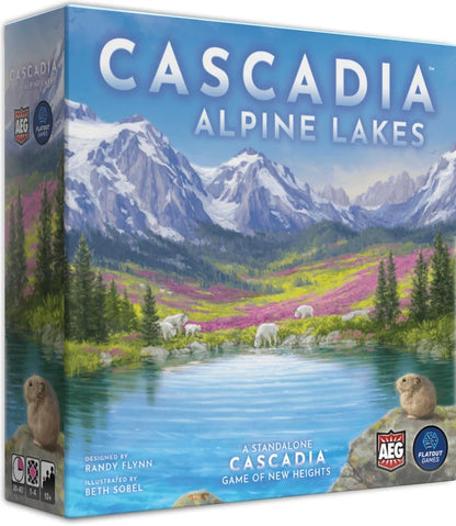 Board game box for 'Cascadia Alpine Lakes' with mountain and lake scenery on the cover.