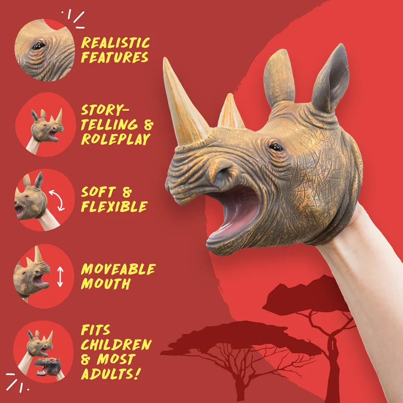 A realistic rhinoceros animal head puppet worn on a person's hand, shown against a red graphic background with feature callouts and text including 'Realistic Features,' 'Story-telling & Roleplay,' 'Soft & Flexible,' 'Moveable Mouth,' and 'Fits Children & Most Adults!'.